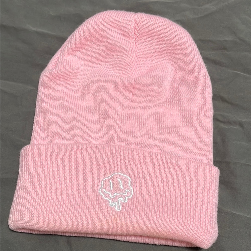 Pink Beanie with Embroidered Smiley Drip Logo